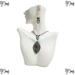 Tibetan Turquoise Coral Choker Necklace & Earrings Brown Hand knotted Leather